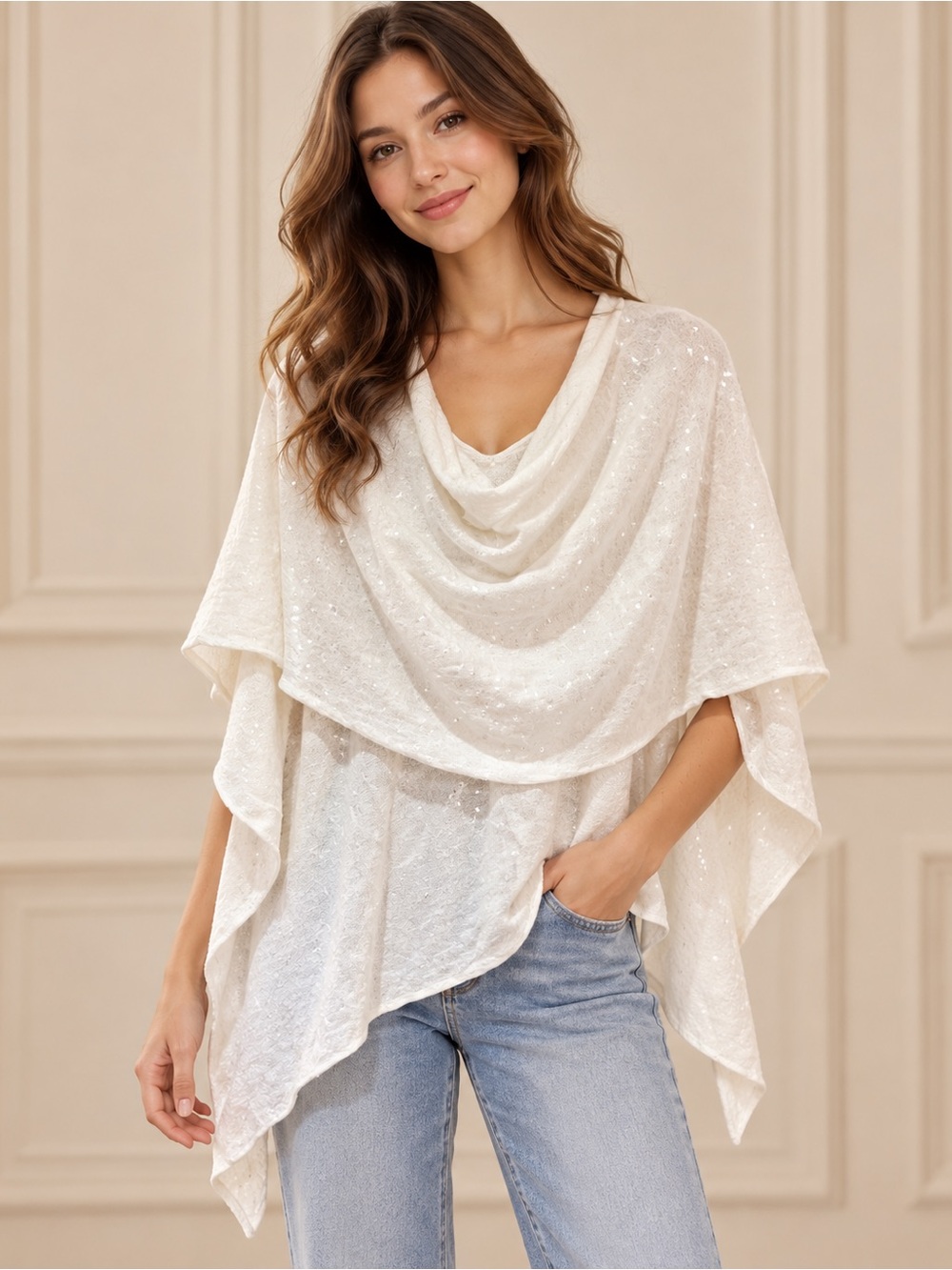 Minnie Rose Sequin Cotton Poncho Topper Wrap Cowl Neck White One Size